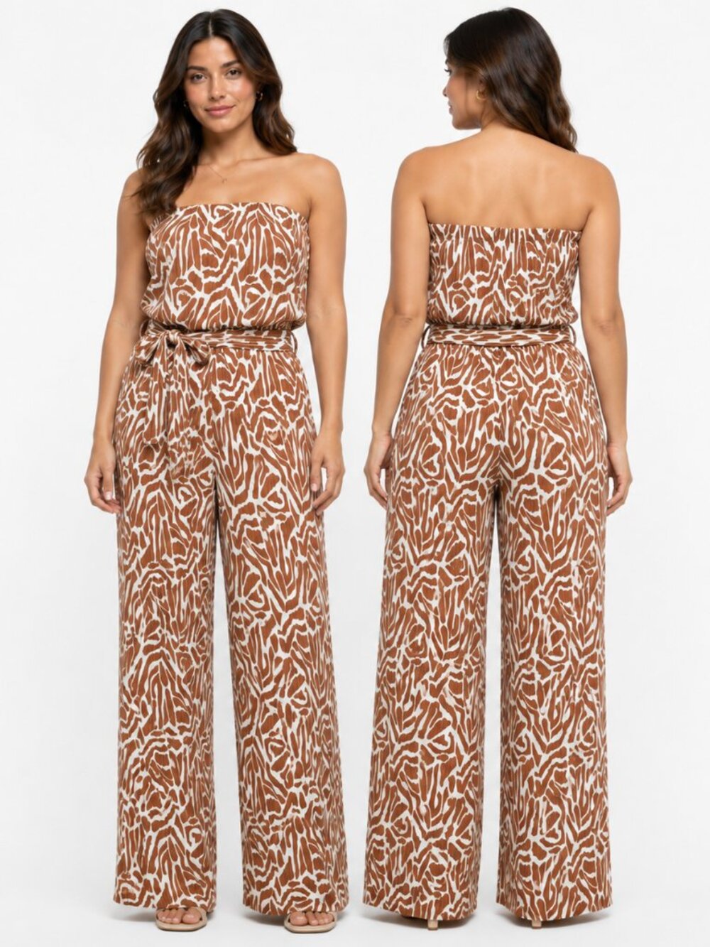Bold & Chic Tan White Abstract Print Strapless Wide Leg Jumpsuit NWT Size M